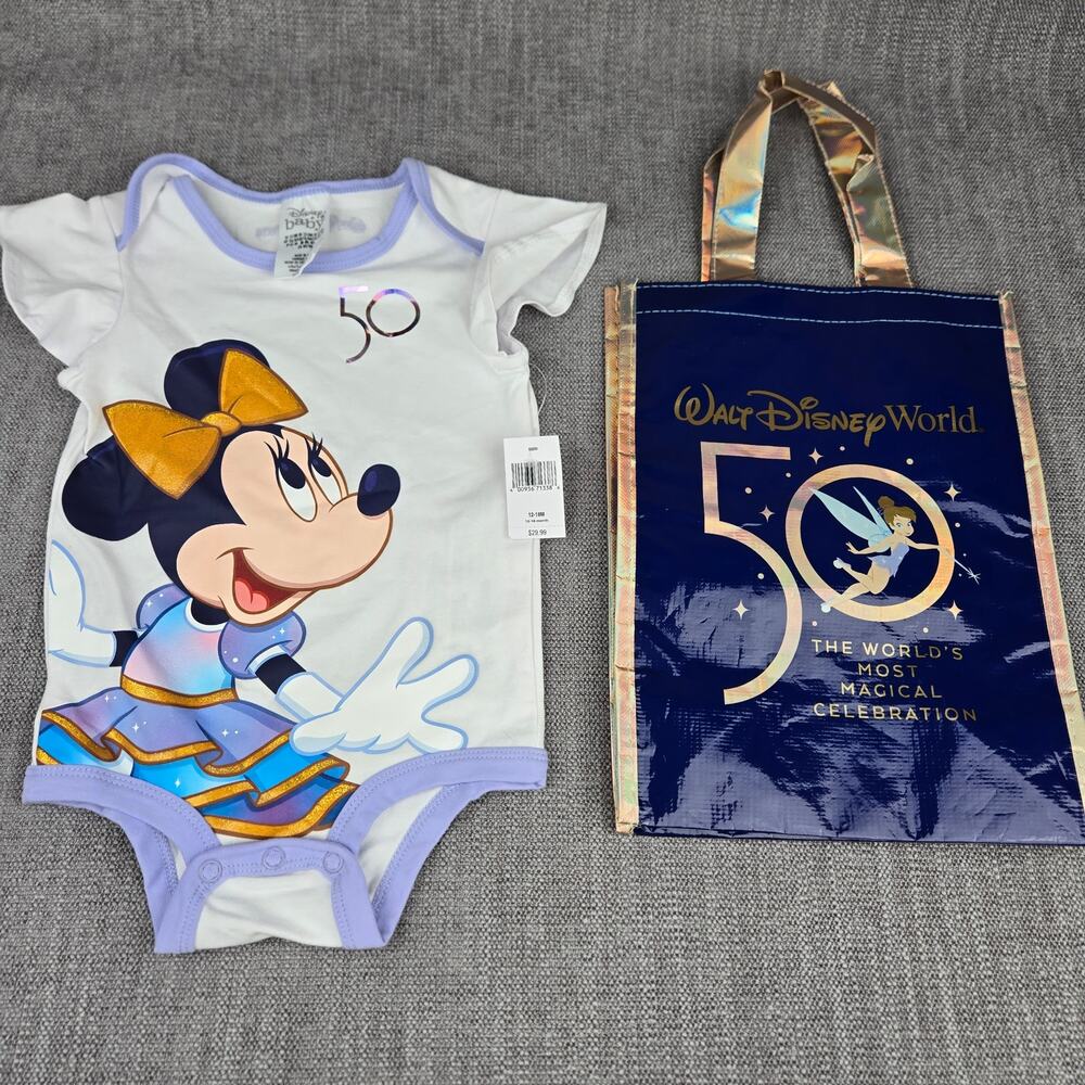 NWT Disney Baby 50th Anniversary Minnie Onesie & Mini Tote Set 12-18M